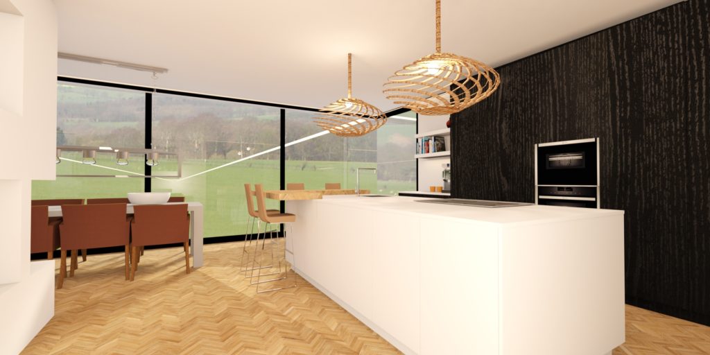 fotorealistisch ontwerp van een nog te realiseren moderne keuken