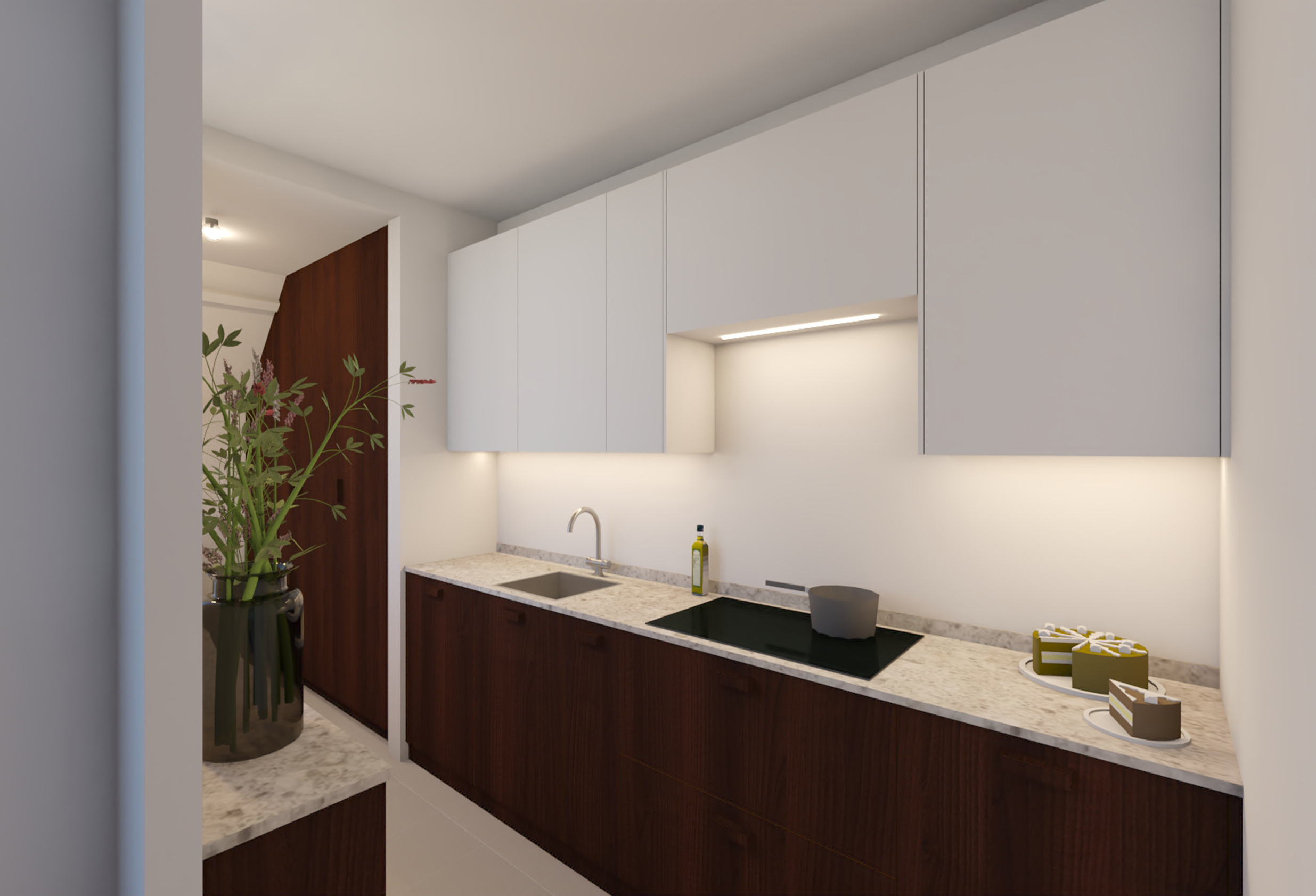 Moderne keuken, warm hout en koel wit voor ruimtelijk effect. Op maat gemaakt door interieurbouwer. Rosmalen