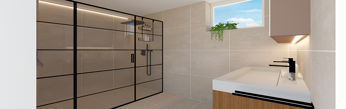 Badkamer ontwerp en onafhankelijk advies. Badkamer met douchewand van zwart staal