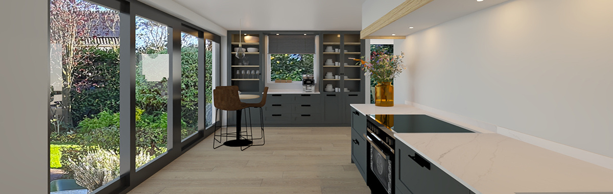 modern landelijke grijze keuken met extra kastruimte door een kast om het raam te maken. Onafhankelijk advies voor keuken en badkamer