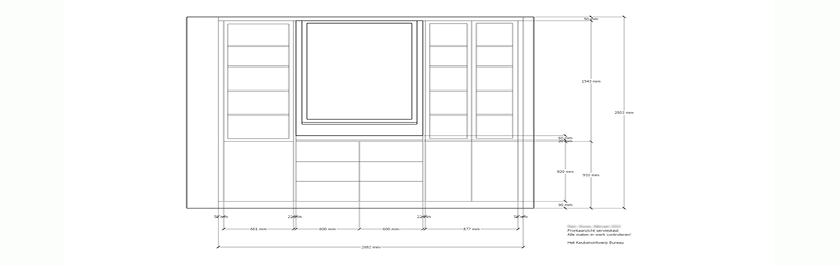 lijntekening met maatvoering frontaanzicht keuken