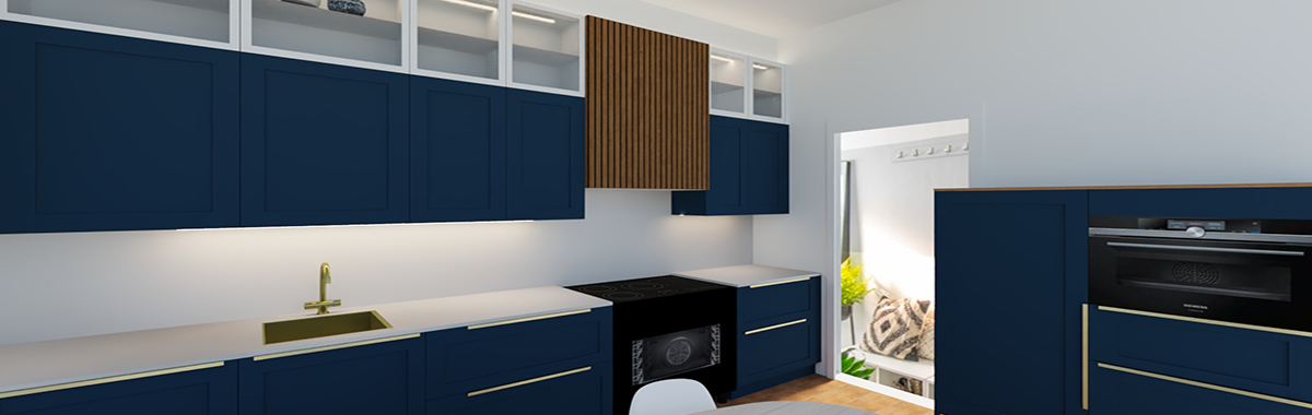 keuken donker blauw met bovenkasten glas