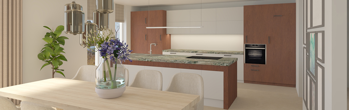 keuken voor mindervaliden met uitschuifbaar werkblad en oven en vaatwasser op hoogte