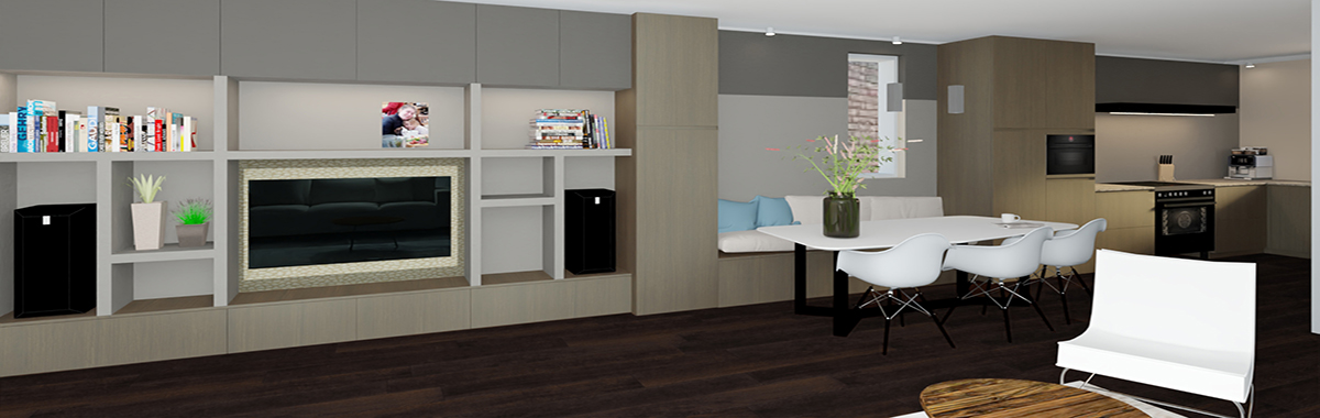 de onafhankelijke specialist heeft de hele wand van een nieuwbouw woning gebruikt voor keuken, eethoek en tv meubel