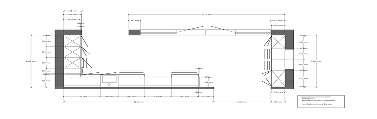 lijntekening plattegrond met maatvoering kast keuken