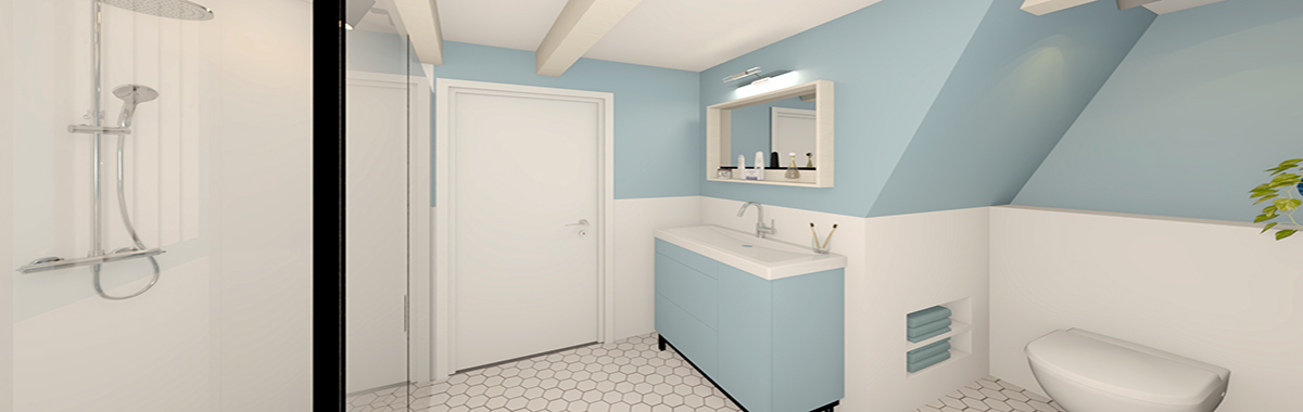 Badkamer ontwerp en onafhankelijk advies. Badkamer jaren 30 woning met douche, wastafel en toilet in zacht blauw