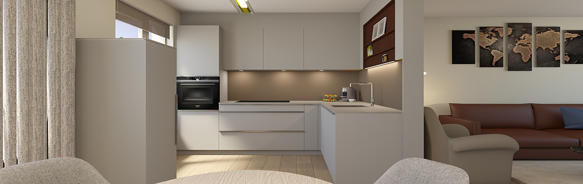 kleine keuken met veel bergruimte en veel werkblad. optimaal gebruik gemaakt van de ruimte