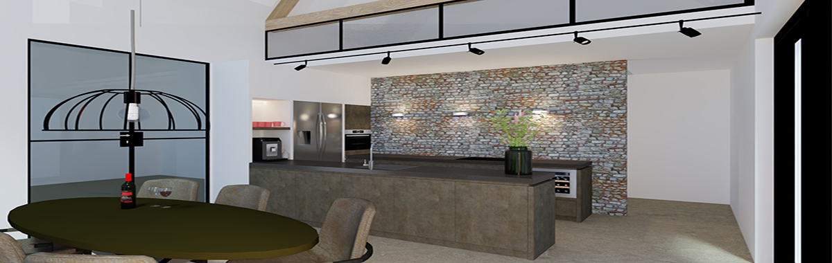 stoere keuken met schiereiland en ingebouwde amerikaanse koelkast