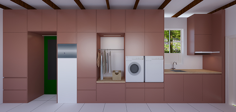 wasmachinekast ontwerp voor in een bijkeuken